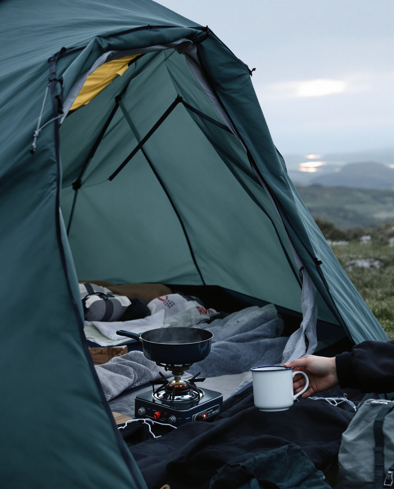 Morning at a hillside camp: a stove, a steaming pan and a hand reaching for an enamel mug in the tent doorway.