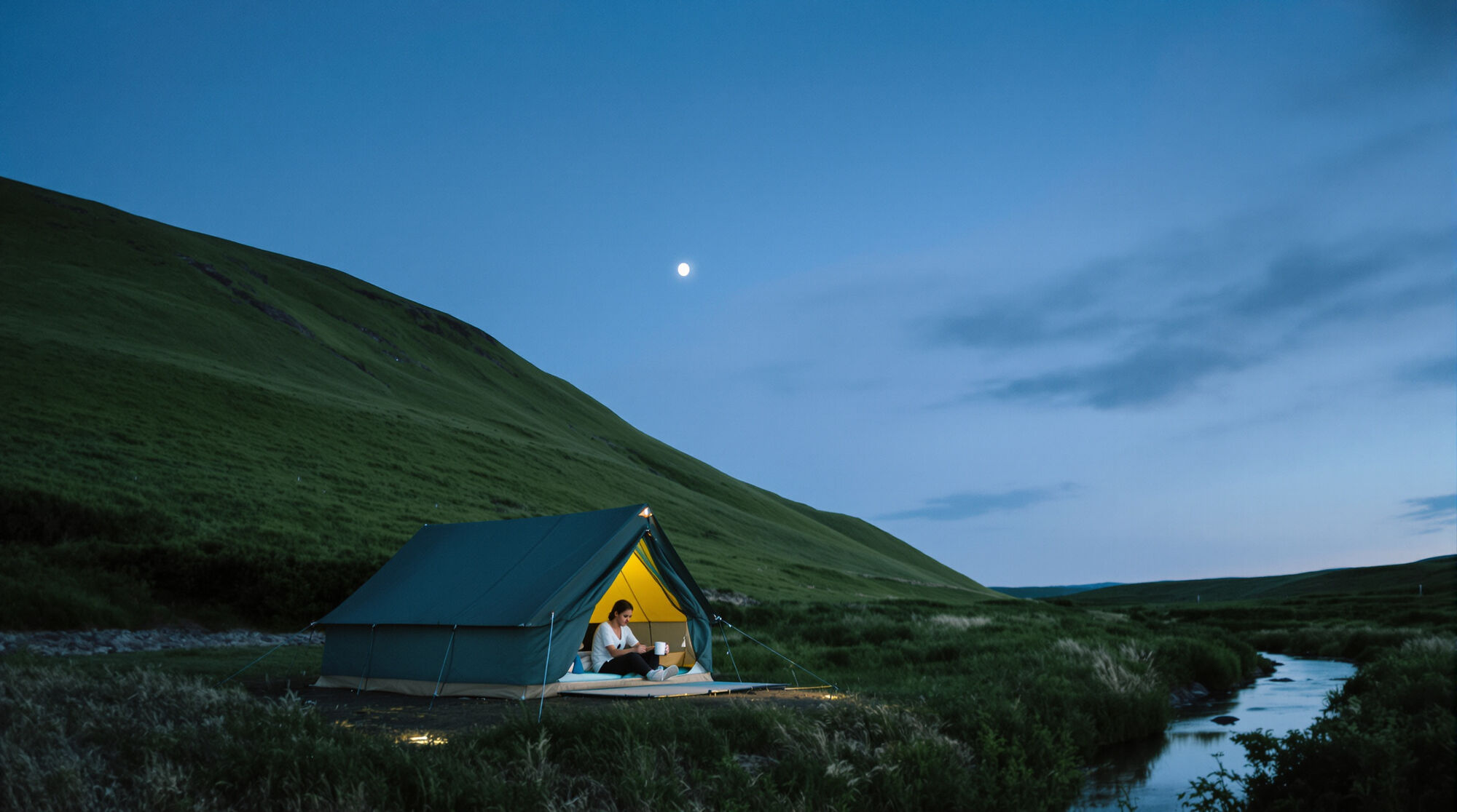 A green tent beside a stream in a valley at dusk, someone sitting in the lit doorway.