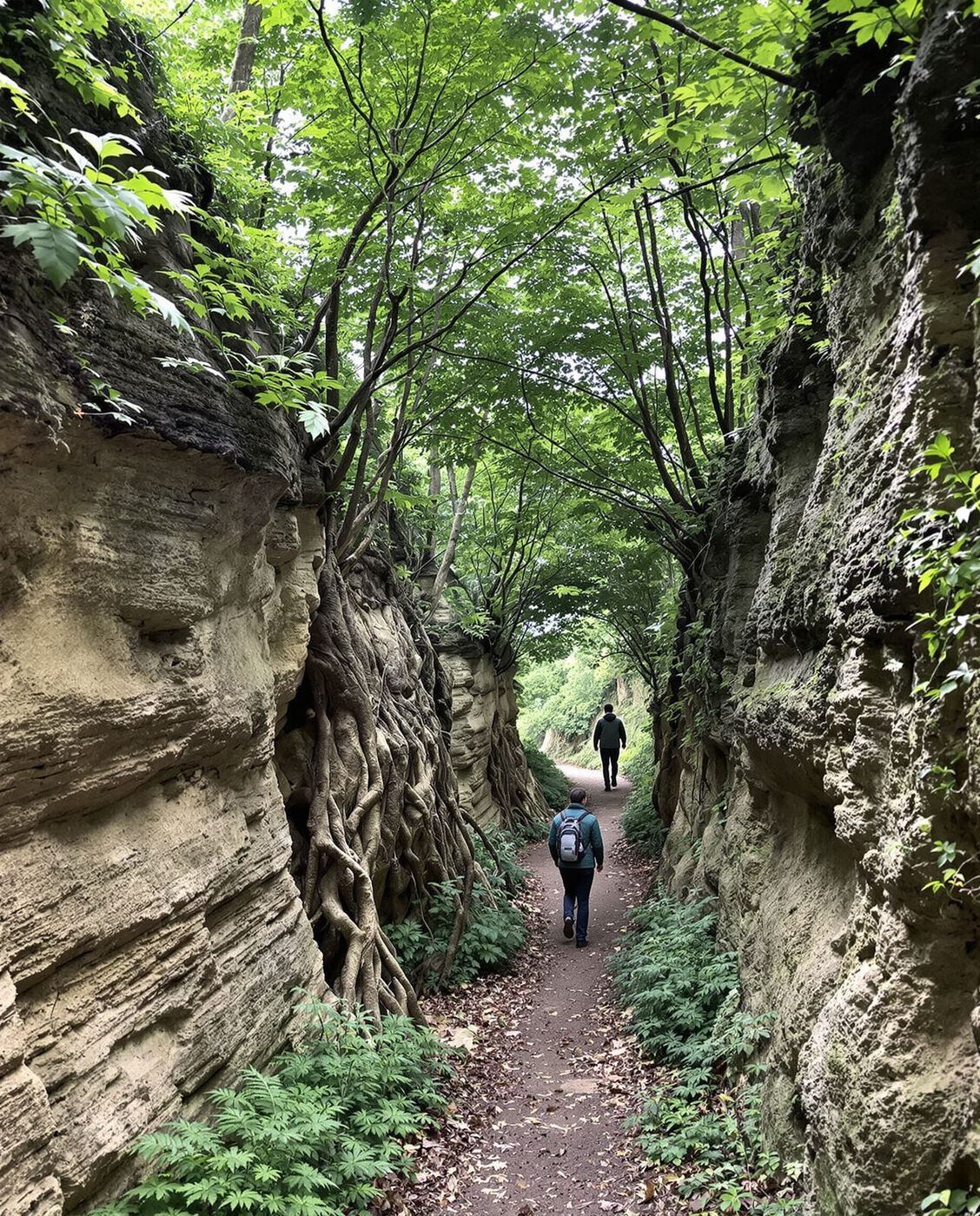 A walker in a green jacket heads down a sunken lane between high banks of sandstone and tree roots.