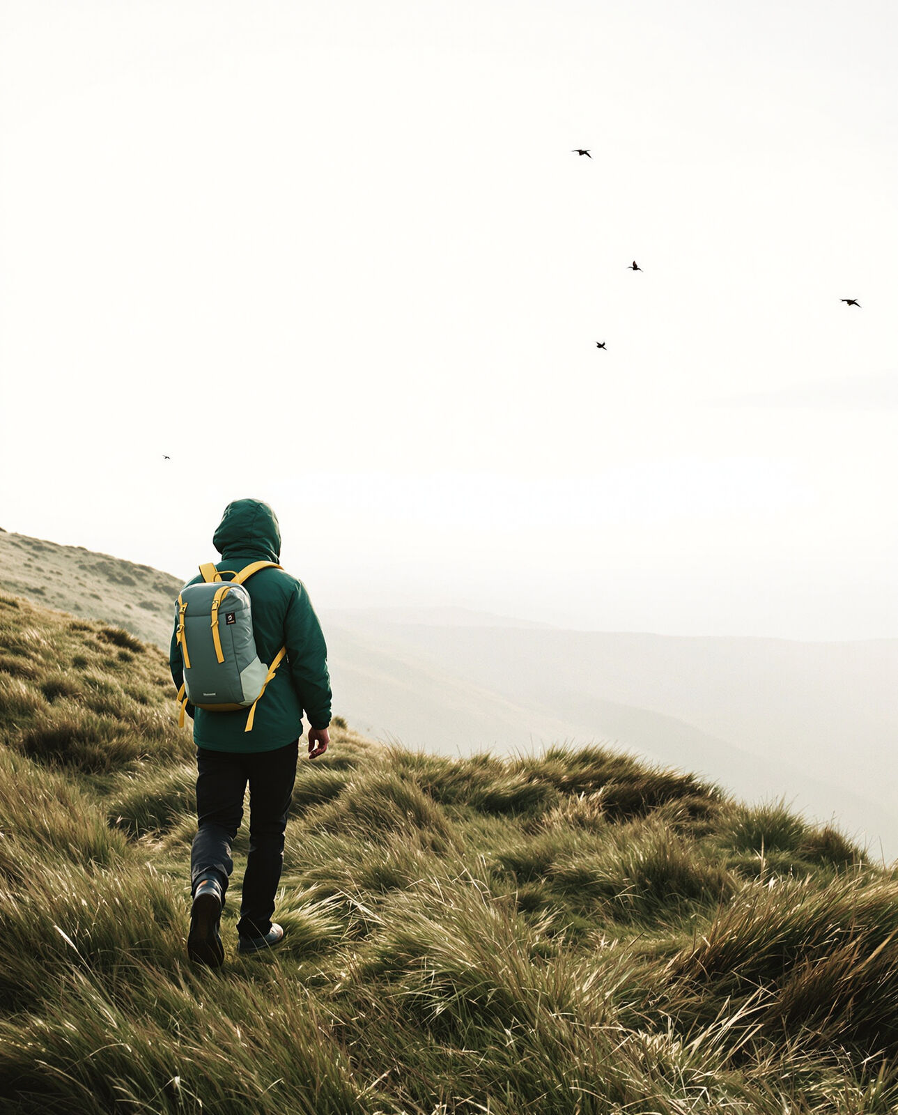 A walker in a green jacket crosses a grassy ridge at first light with mist in the valley below.
